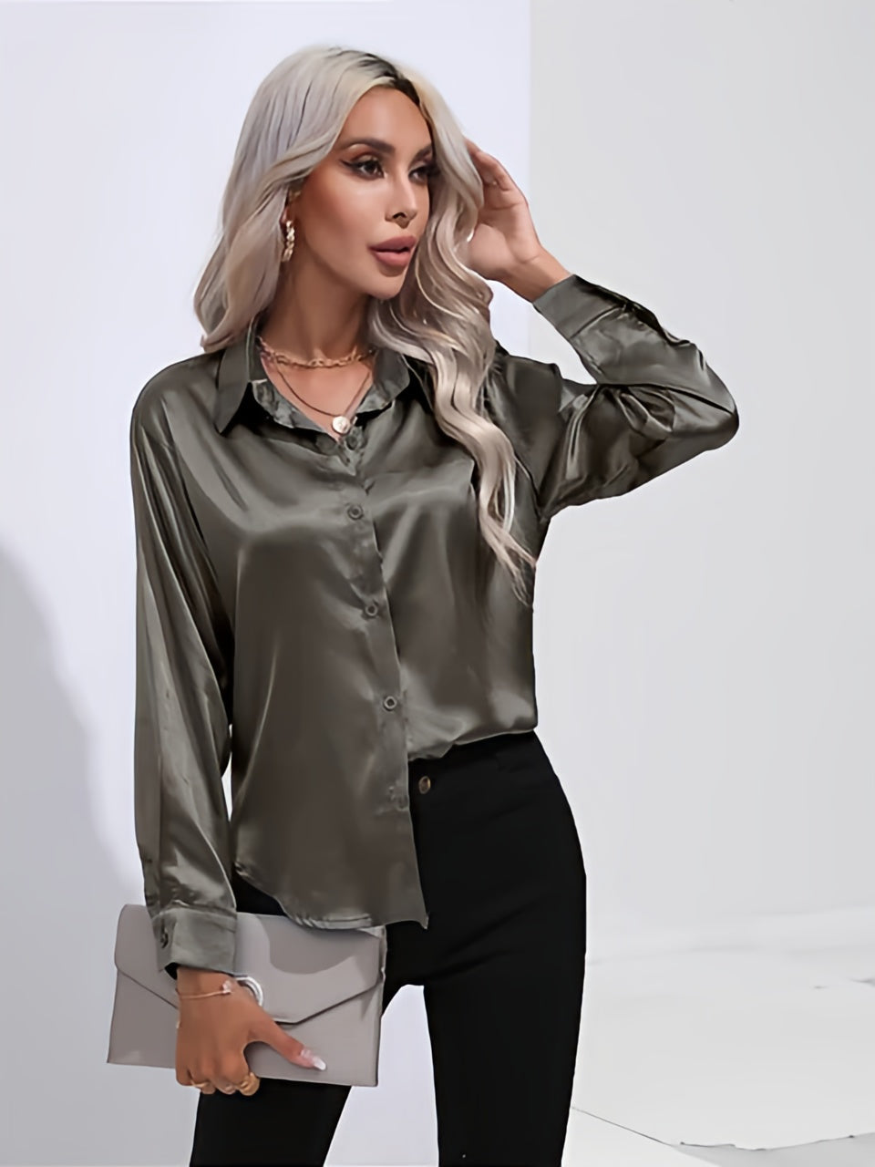 Women's Satin Button-Up Blouse | Long Sleeve Casual Fit