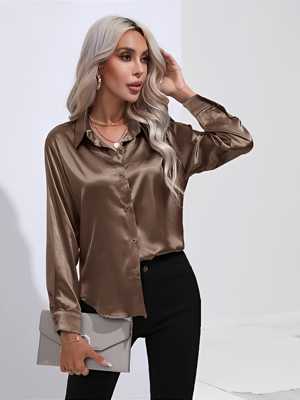 Women's Satin Button-Up Blouse | Long Sleeve Casual Fit