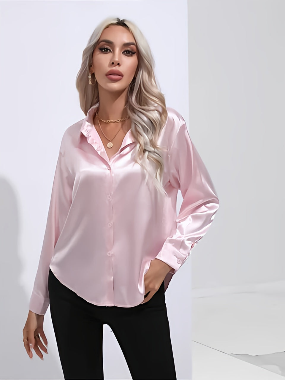 Women's Satin Button-Up Blouse | Long Sleeve Casual Fit