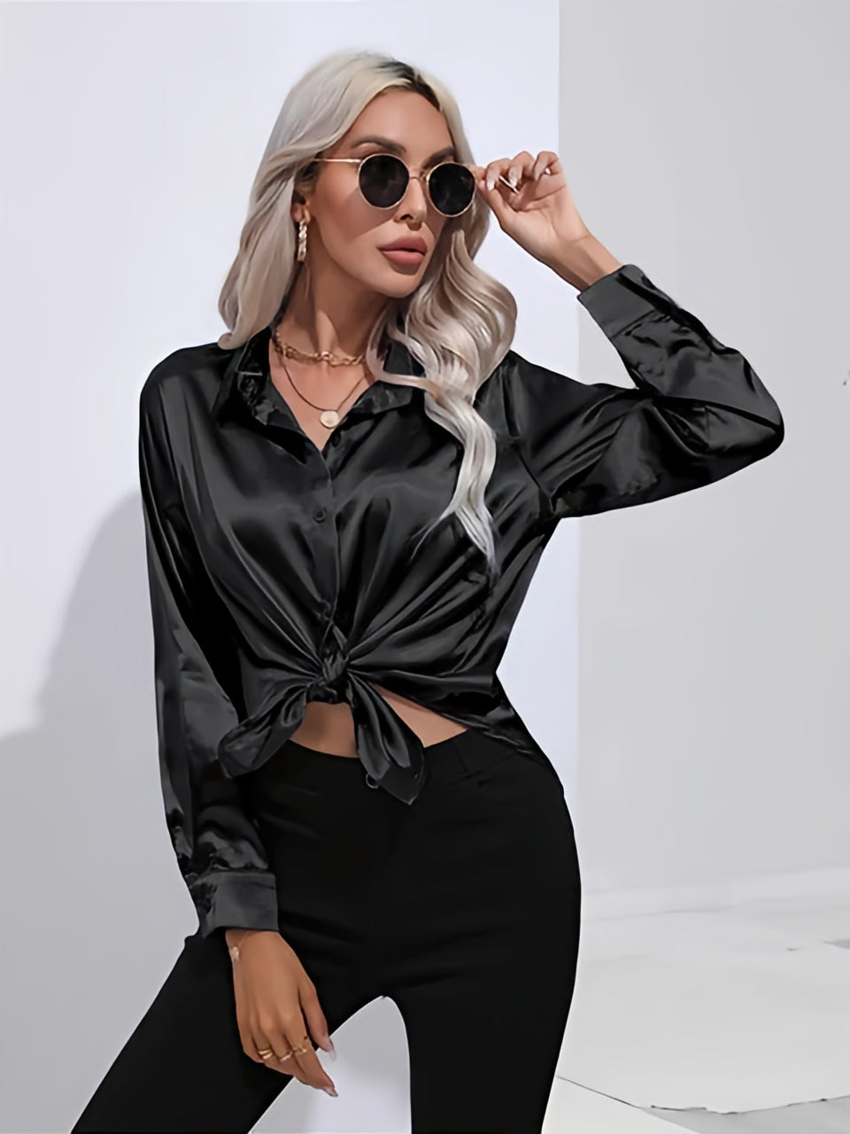 Women's Satin Button-Up Blouse | Long Sleeve Casual Fit