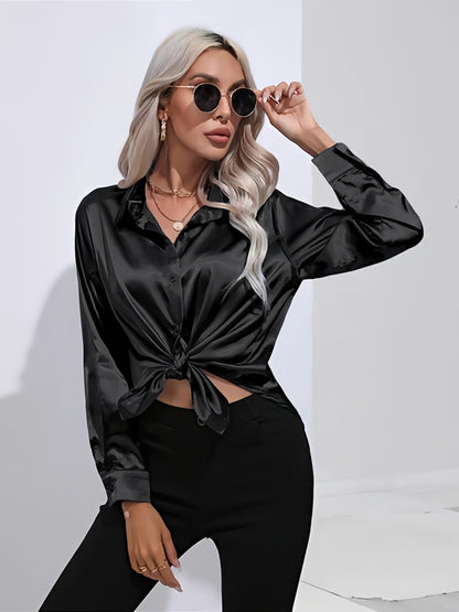 Women's Satin Button-Up Blouse | Long Sleeve Casual Fit