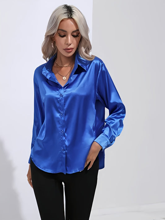 Women's Satin Button-Up Blouse | Long Sleeve Casual Fit