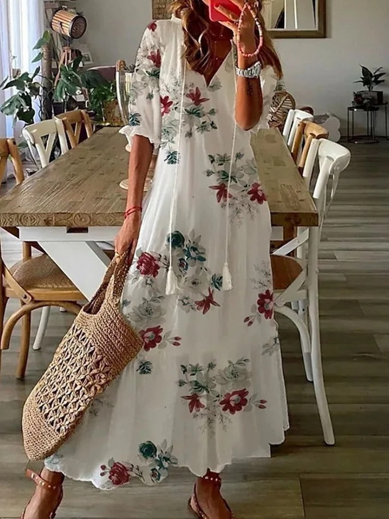 Women's Summer Maxi Dress | Floral Puff Sleeve-Levorel