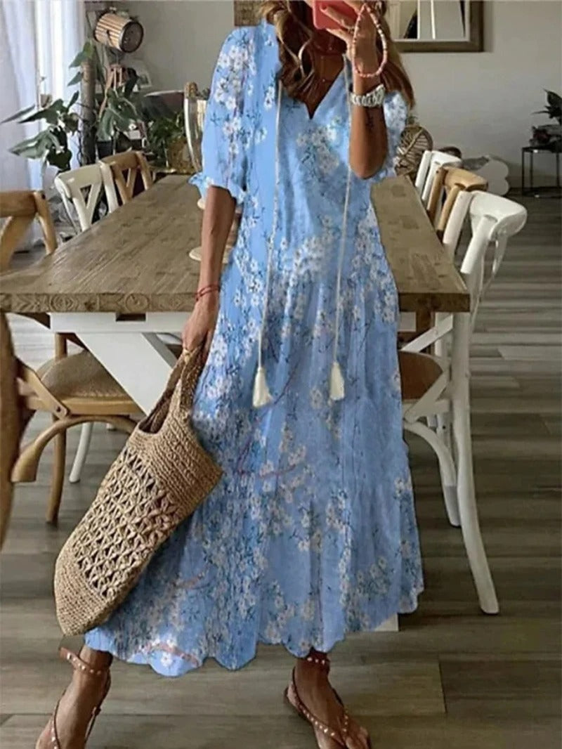 Women's Summer Maxi Dress | Floral Puff Sleeve-Levorel