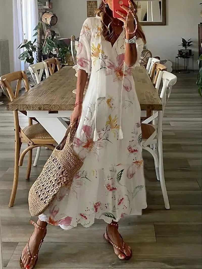 Women's Summer Maxi Dress | Floral Puff Sleeve-Levorel