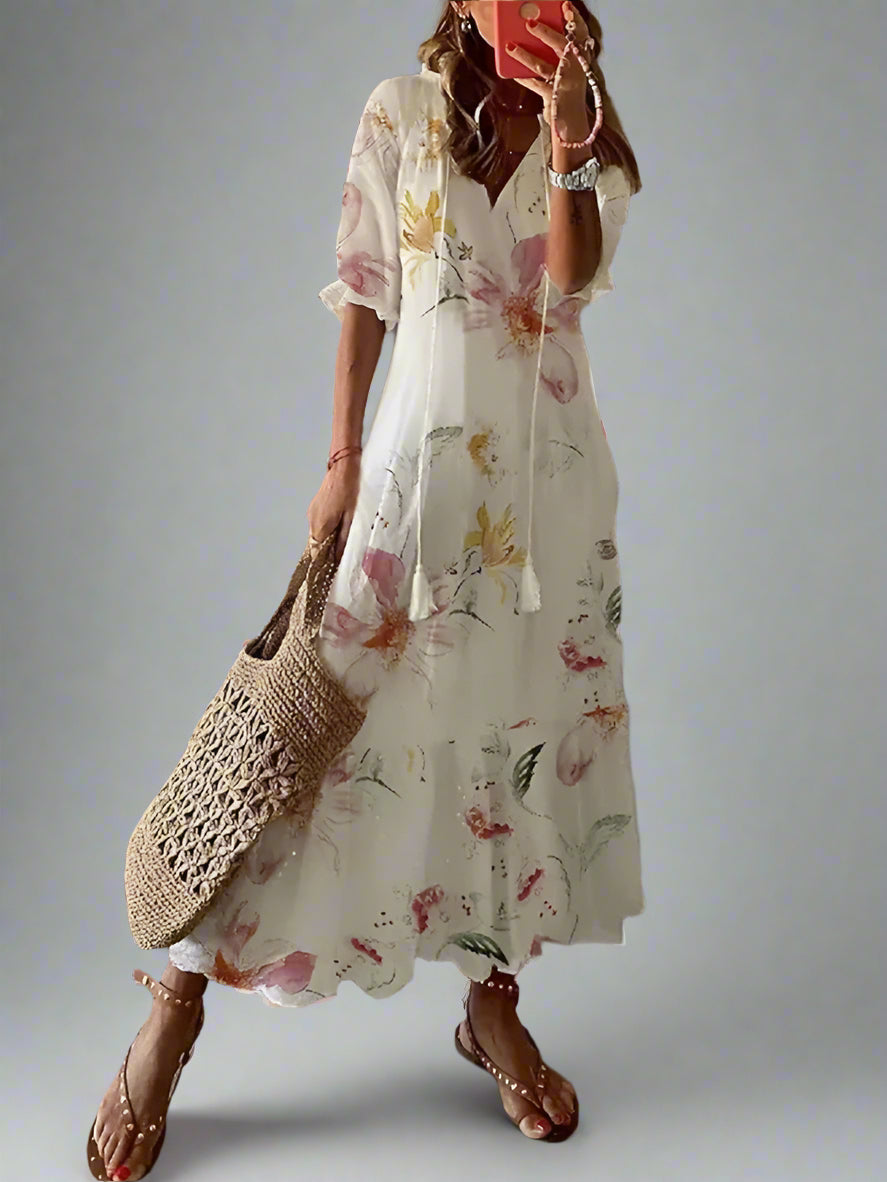 Women's Summer Maxi Dress | Floral Puff Sleeve-Levorel