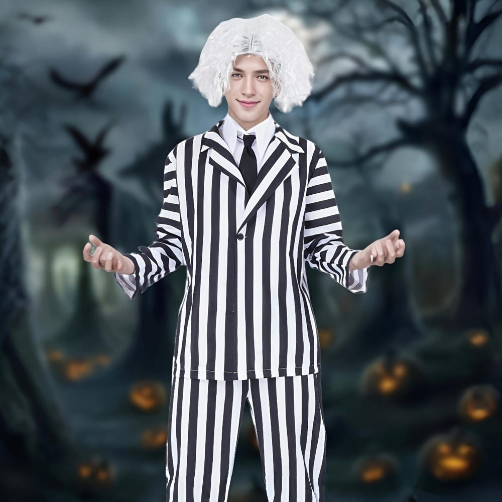 Halloween Costume Men Black White Stripe Suit