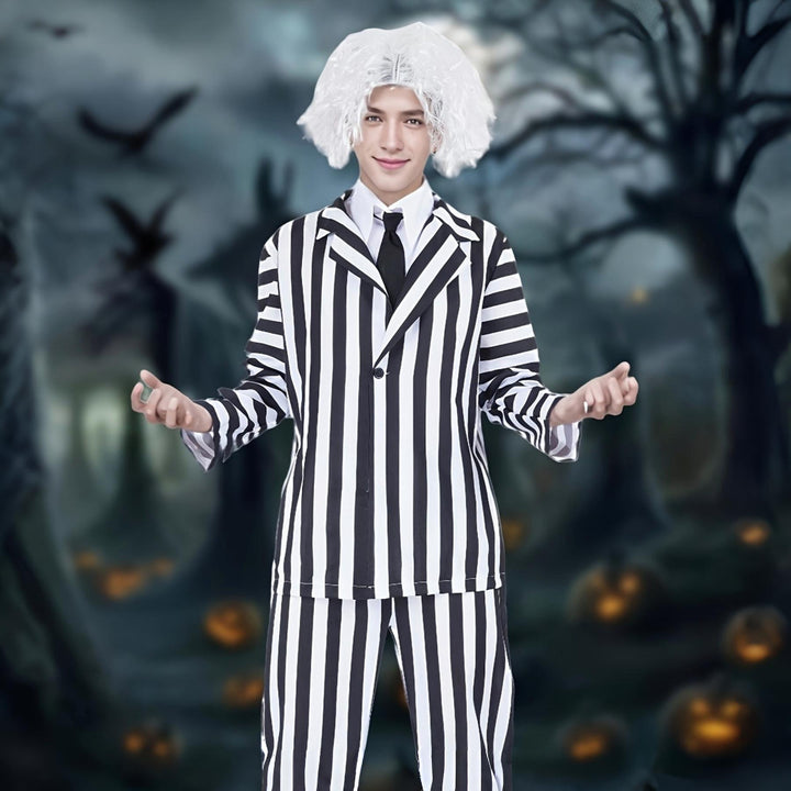 Halloween Costume Men Black White Stripe Suit