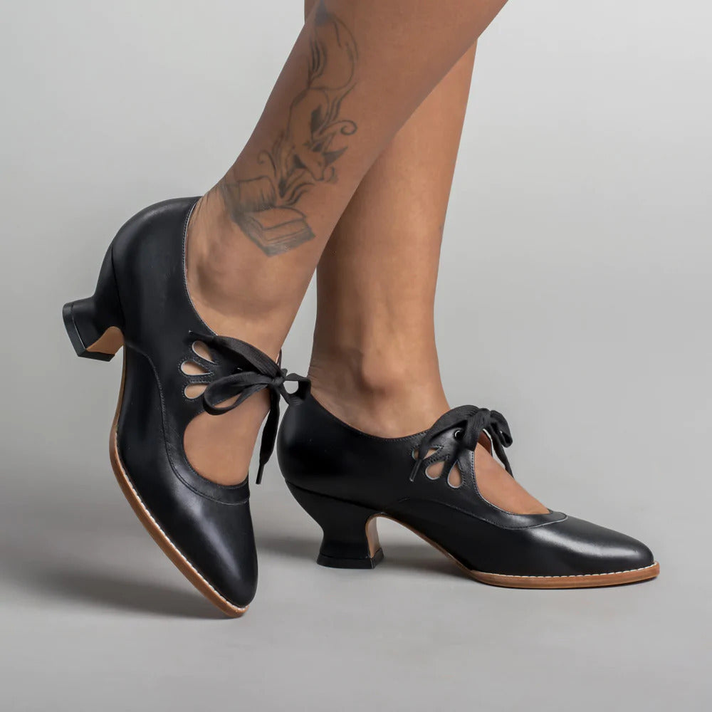 Women's Vintage Leather Heels | Low Block Heel Lace-Up