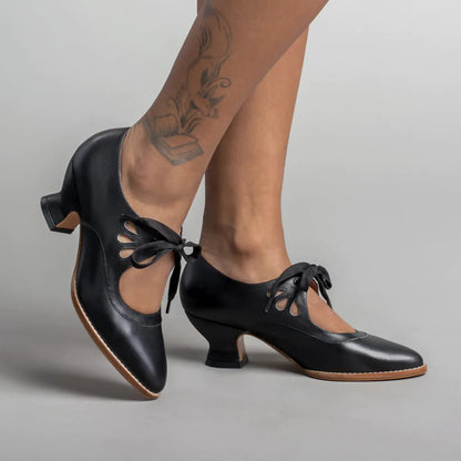 Women's Vintage Leather Heels | Low Block Heel Lace-Up