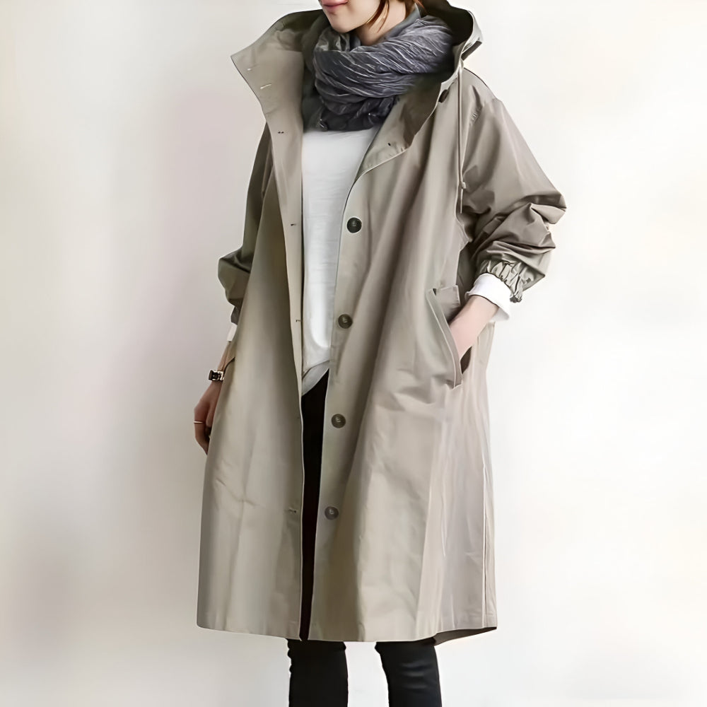 Women's Casual Long Trench Coat | Relaxed Button-Up Hooded
