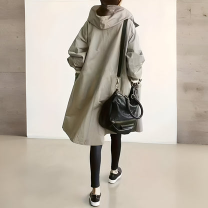 Women's Casual Long Trench Coat | Relaxed Button-Up Hooded