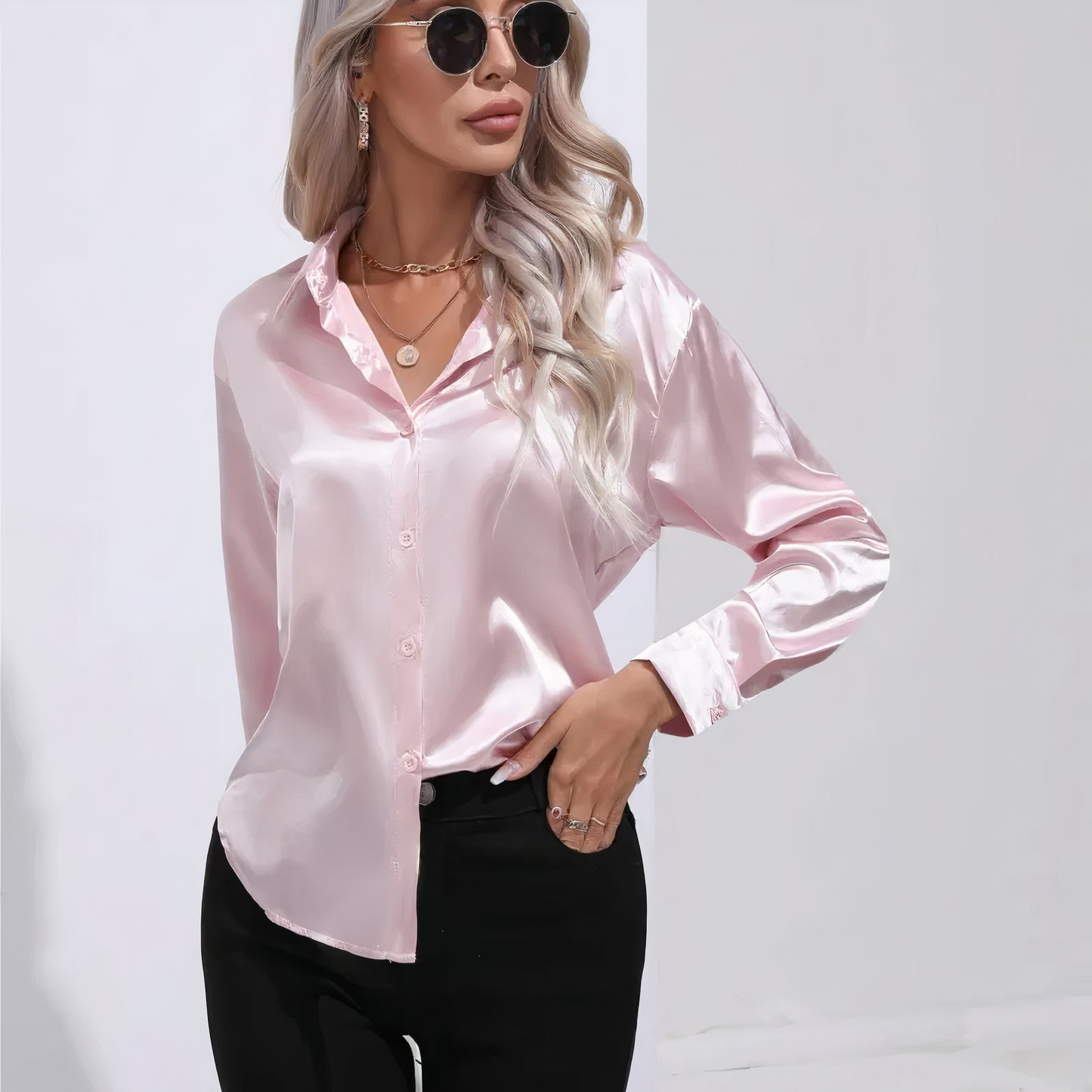 Women's Satin Button-Up Blouse | Long Sleeve Casual Fit