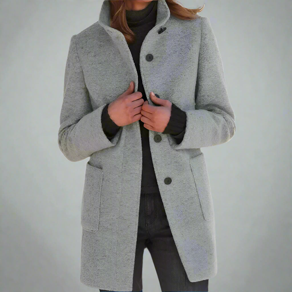 Classic Wool Women's Coat with Retro Button Closure - Amanda-Light Grey-S-State of Style