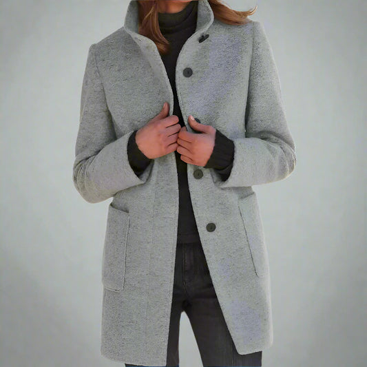 Classic Wool Women's Coat with Retro Button Closure - Amanda-Light Grey-S-State of Style