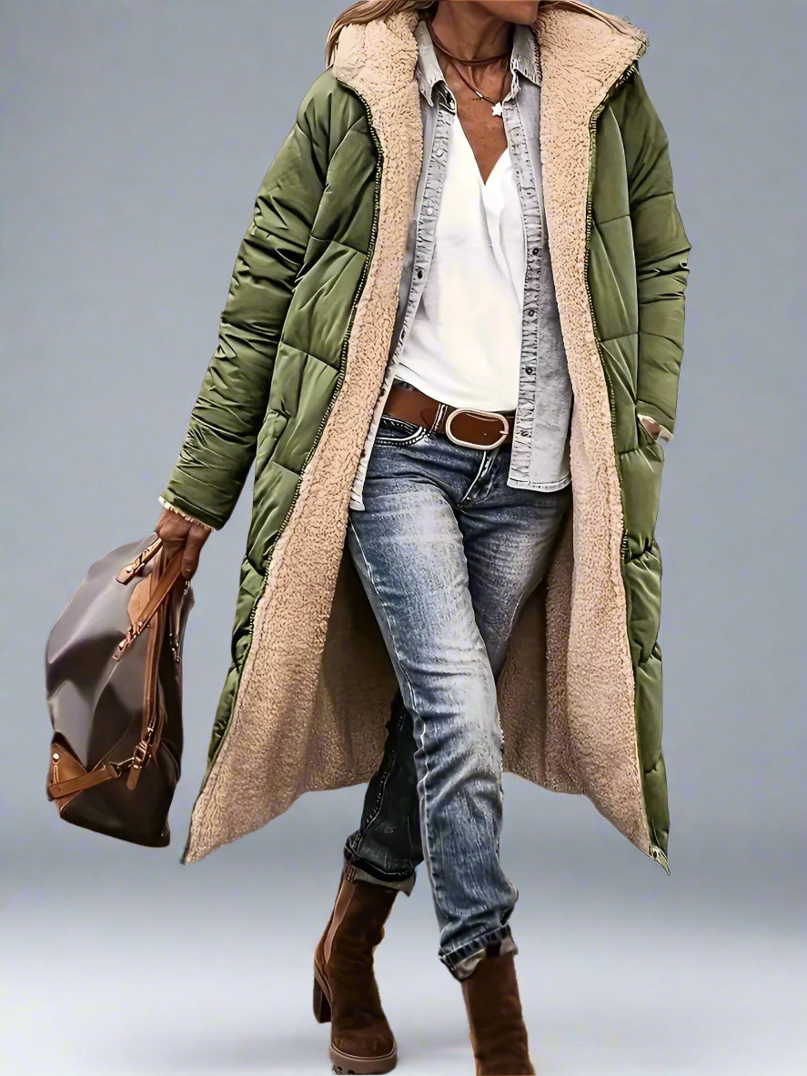 Women’s Long Hooded Puffer Coat | Shearling Lined Warm Winter