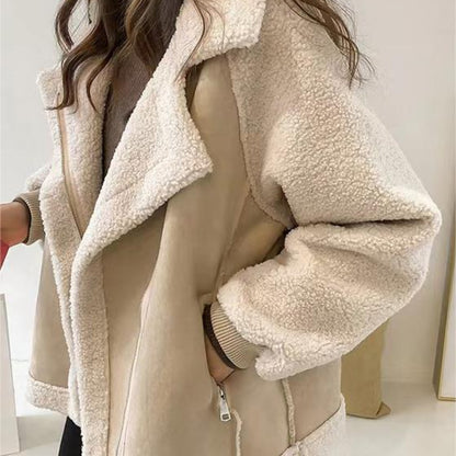 Classic Oversize Vegan Fur Suede Jacket with Lapel Collar