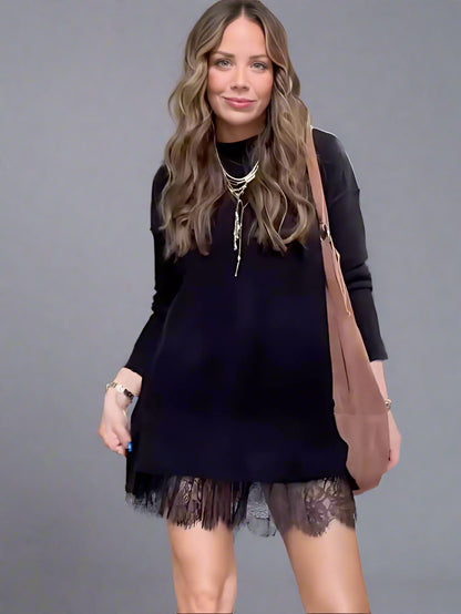 Women's Knitted Long Sleeve Dress Set | Lace Trim, Mini