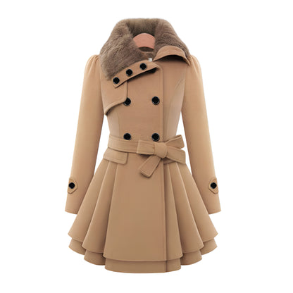 Women’s Wool Winter Coat | Double-Breasted Belted with Fur Collar