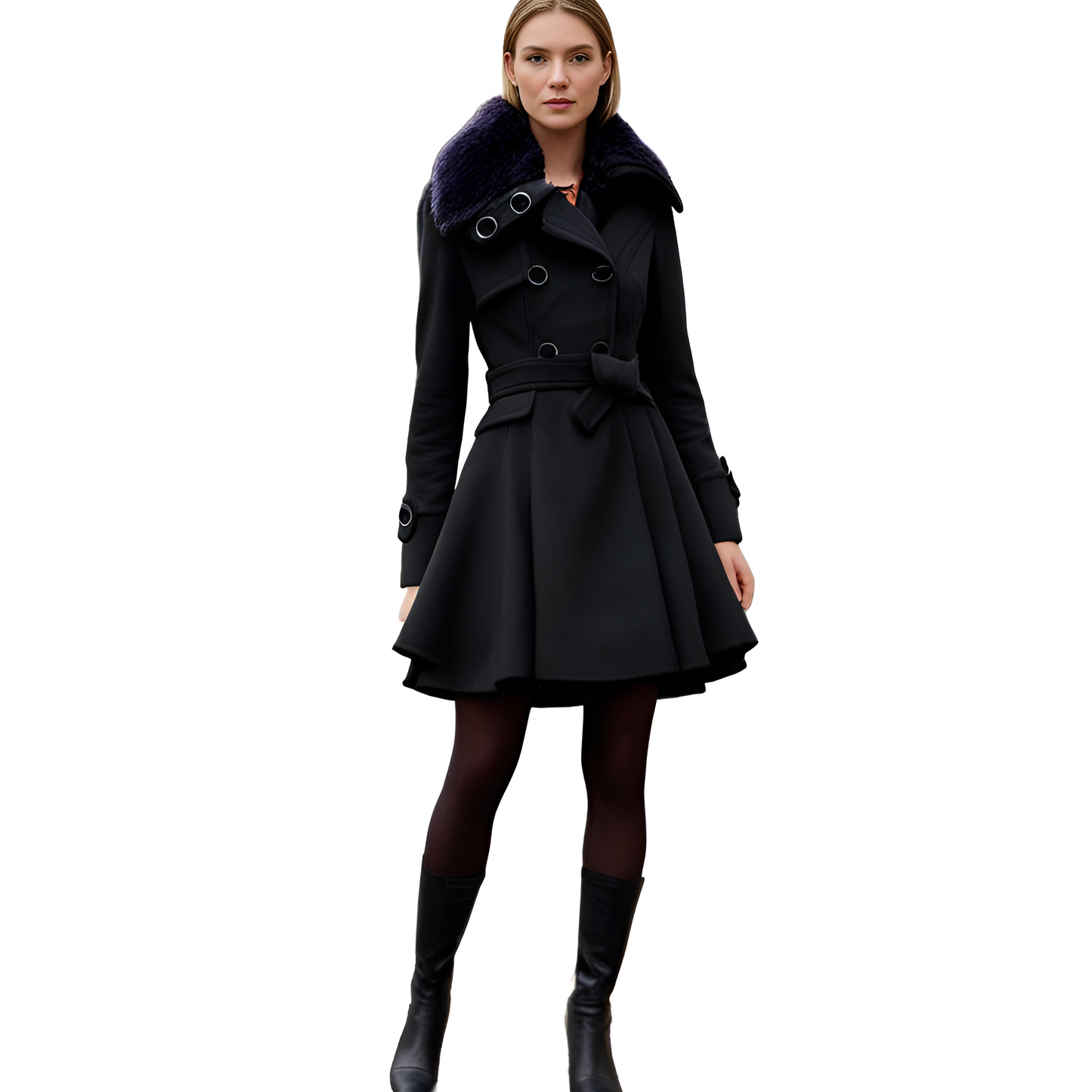 Women’s Wool Winter Coat | Double-Breasted Belted with Fur Collar
