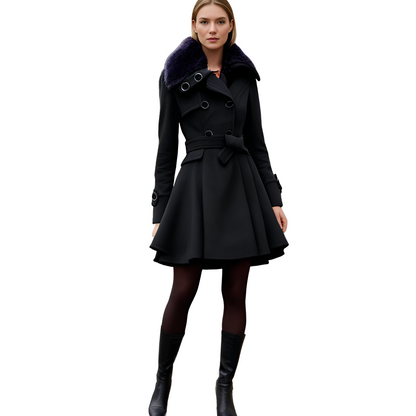 Women’s Wool Winter Coat | Double-Breasted Belted with Fur Collar