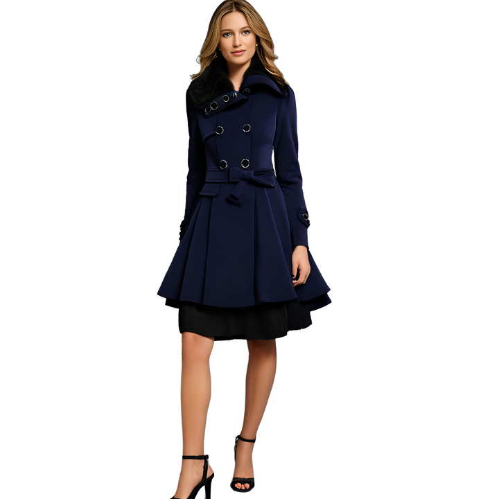 Women’s Wool Winter Coat | Double-Breasted Belted with Fur Collar