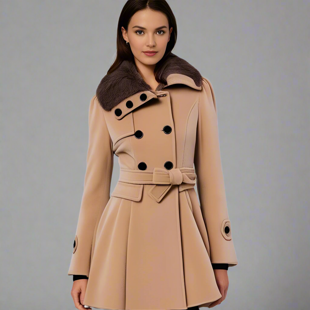 Women’s Wool Winter Coat | Double-Breasted Belted with Fur Collar