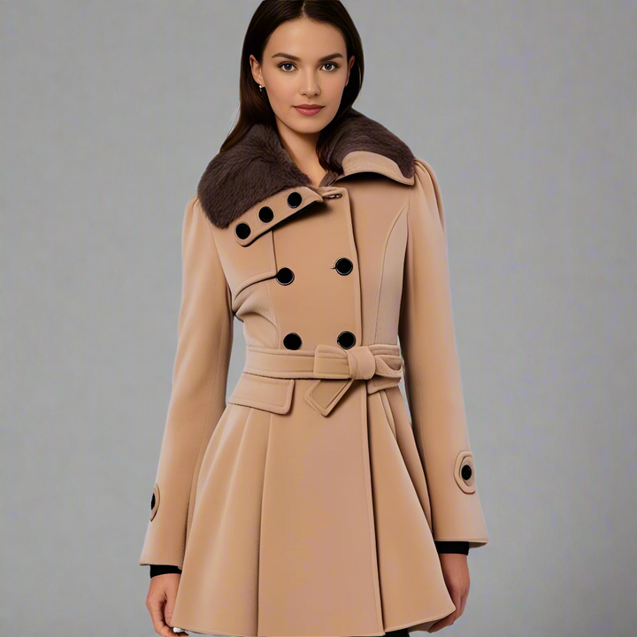 Women’s Wool Winter Coat | Double-Breasted Belted with Fur Collar