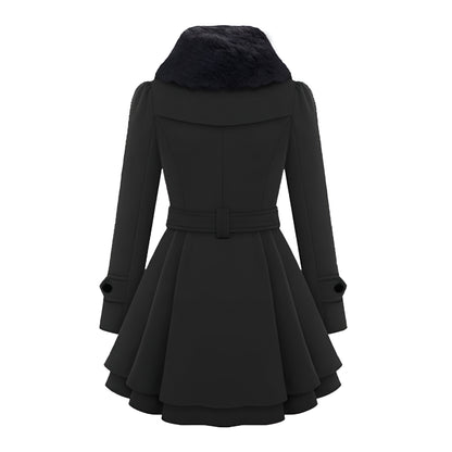 Women’s Wool Winter Coat | Double-Breasted Belted with Fur Collar