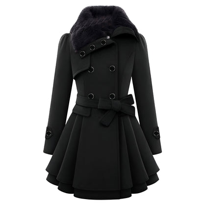 Women’s Wool Winter Coat | Double-Breasted Belted with Fur Collar