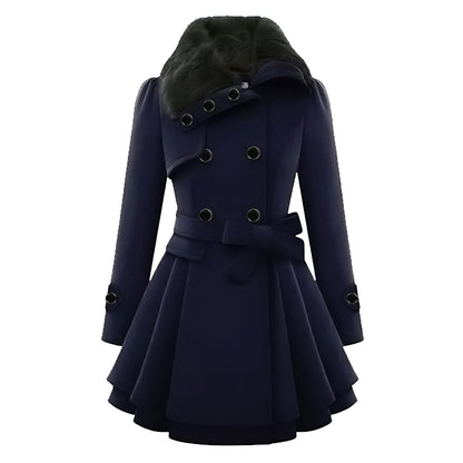 Women’s Wool Winter Coat | Double-Breasted Belted with Fur Collar