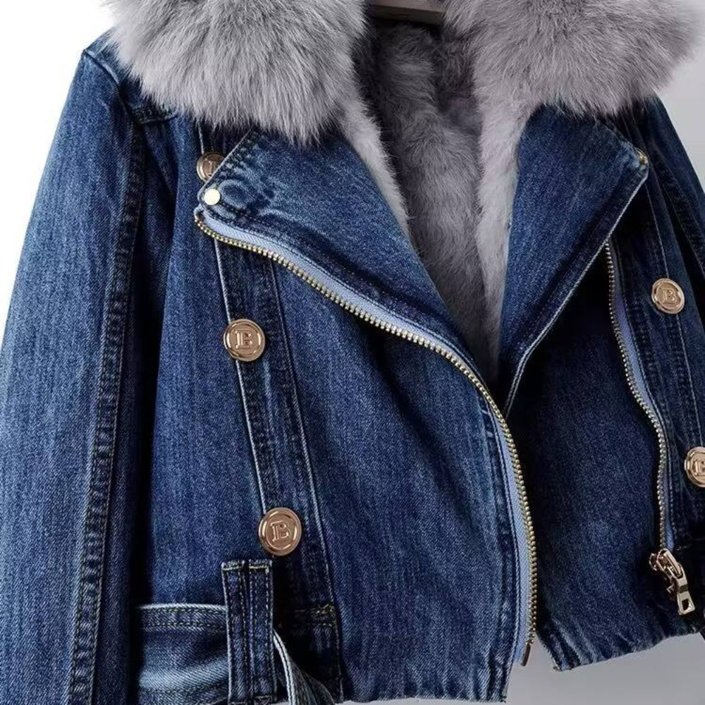 Women’s Cozy Faux Fur Denim Jacket Warm Cropped Winter