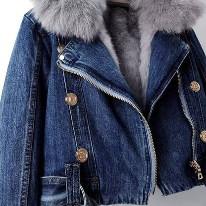 Women’s Cozy Faux Fur Denim Jacket Warm Cropped Winter
