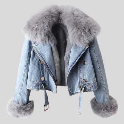 Margaux Luxe Lined Fox Fur Denim Coat - Image 2