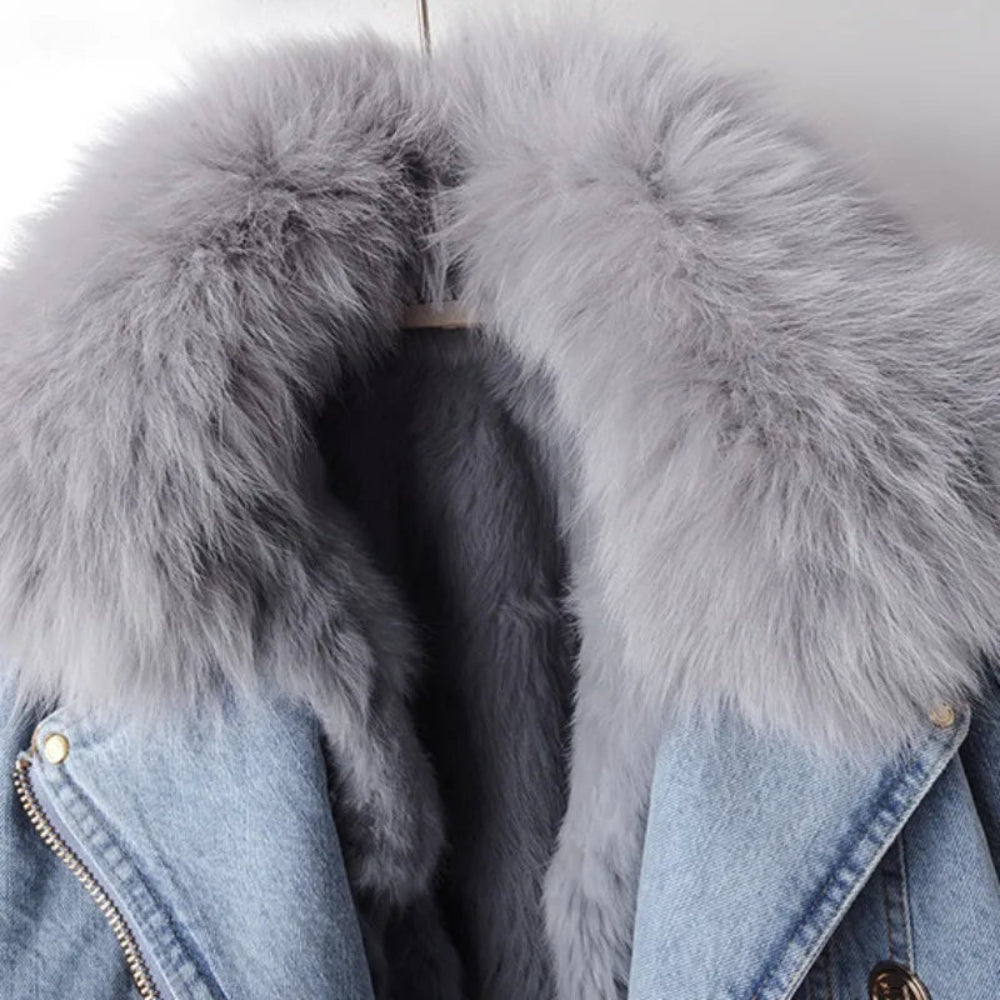 Margaux Luxe Lined Fox Fur Denim Coat - Image 5