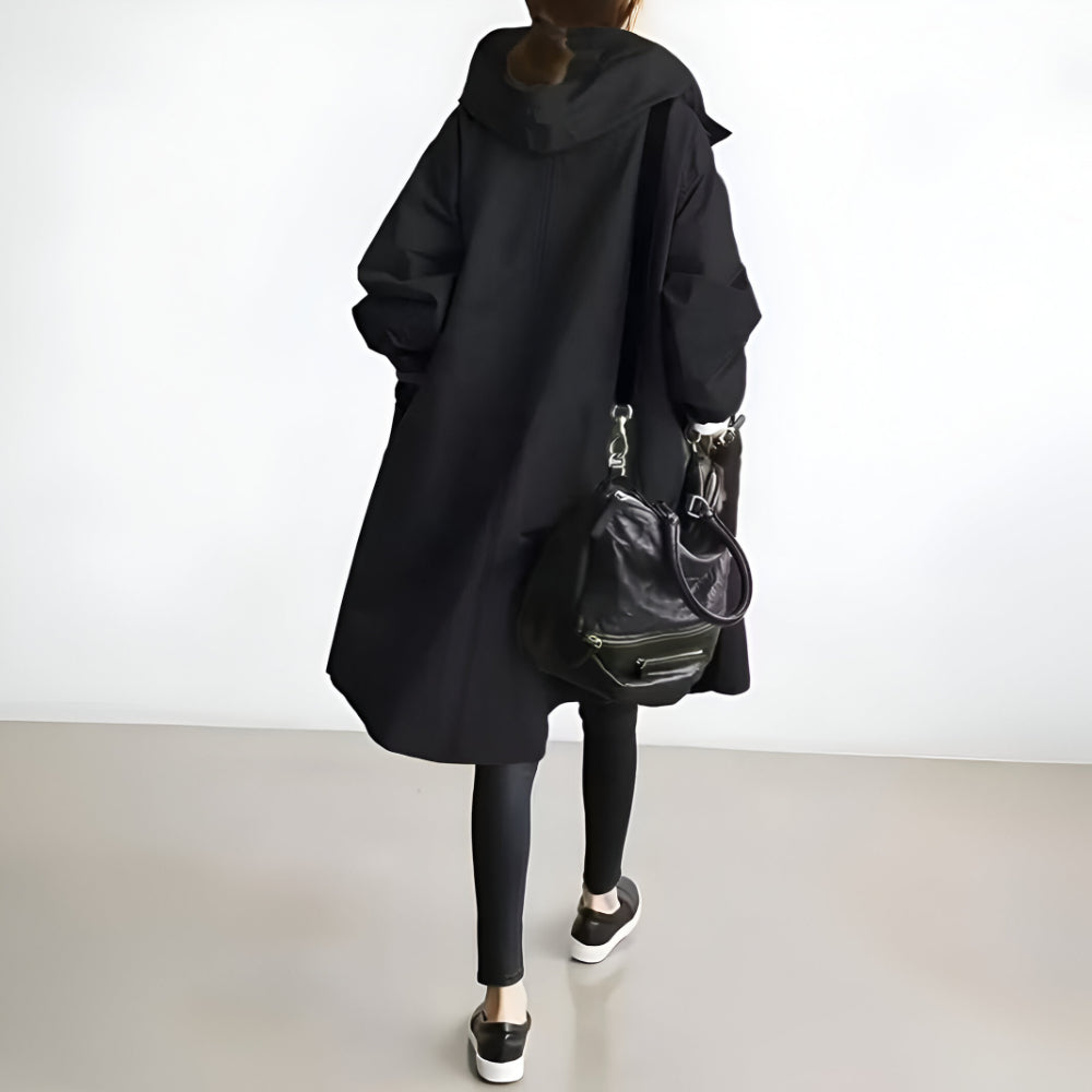 Women's Casual Long Trench Coat | Relaxed Button-Up Hooded