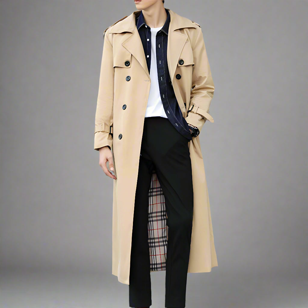 Men’s Long Trench Coat | Double-Breasted Belted Overcoat
