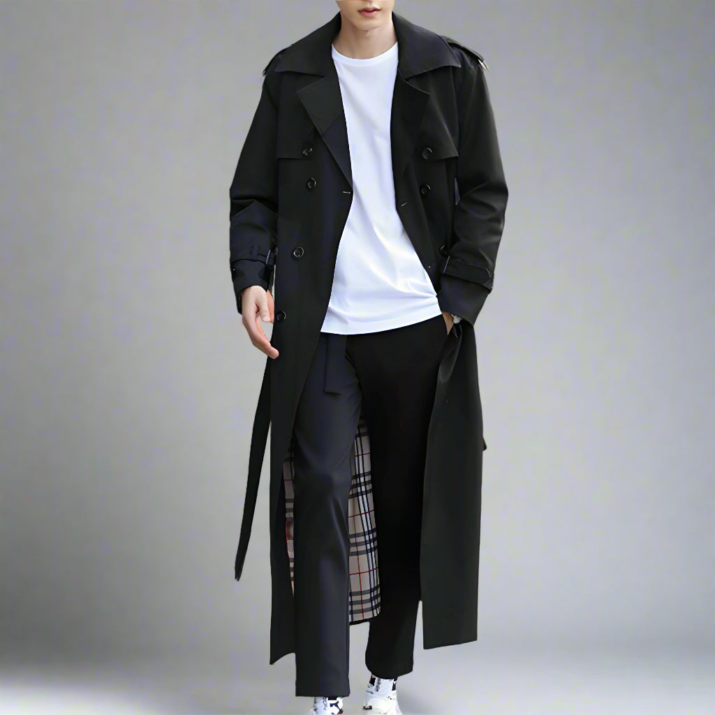 Men’s Long Trench Coat | Double-Breasted Belted Overcoat