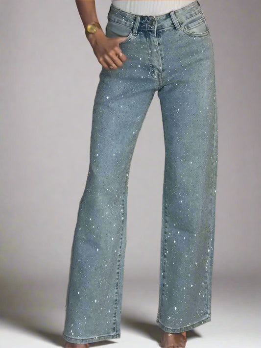 Women's Sequin High Waisted Jeans | Wide Leg, Baggy Fit
