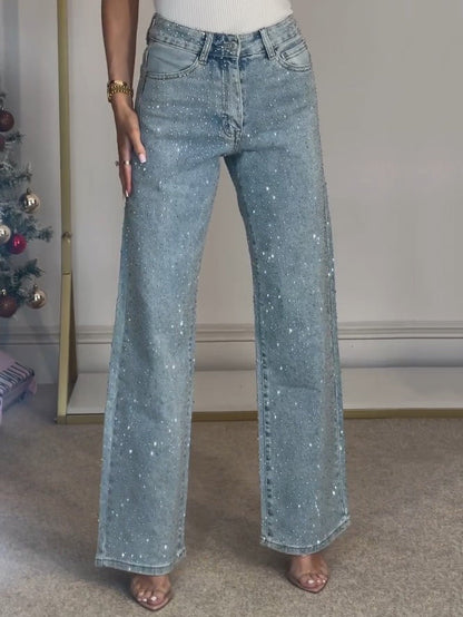 Women's Sequin High Waisted Jeans | Wide Leg, Baggy Fit