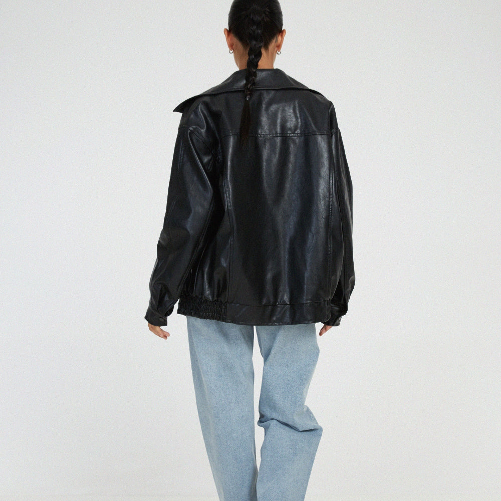 Women's Oversized Streetwear Faux Leather Jacket Zip Up Collared