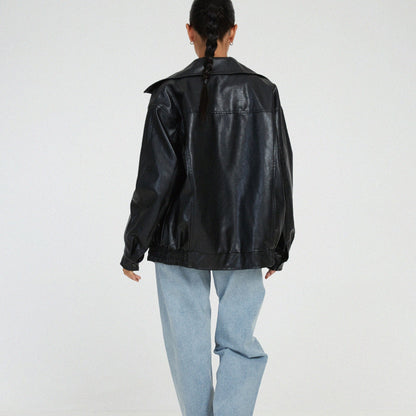 Women's Oversized Streetwear Faux Leather Jacket Zip Up Collared