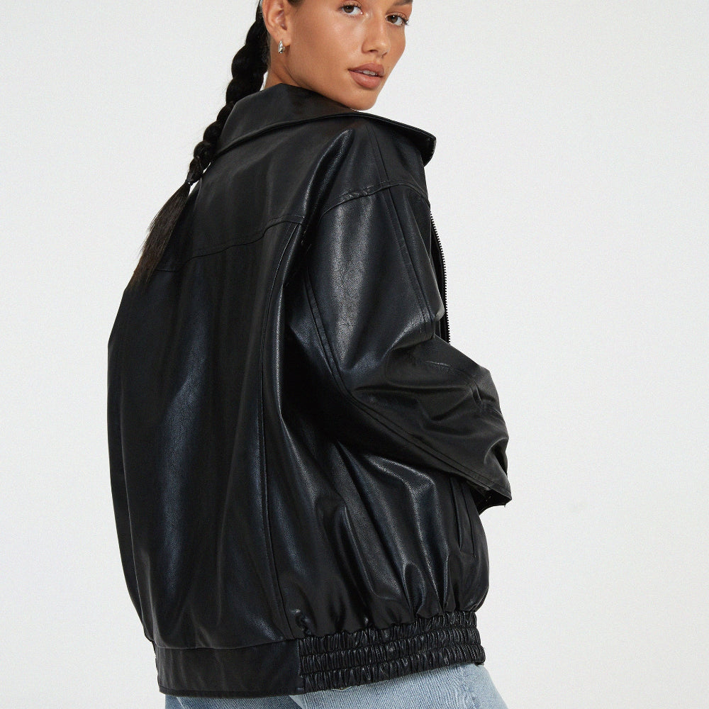 Women's Oversized Streetwear Faux Leather Jacket Zip Up Collared