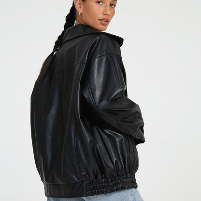 Women's Oversized Streetwear Faux Leather Jacket Zip Up Collared