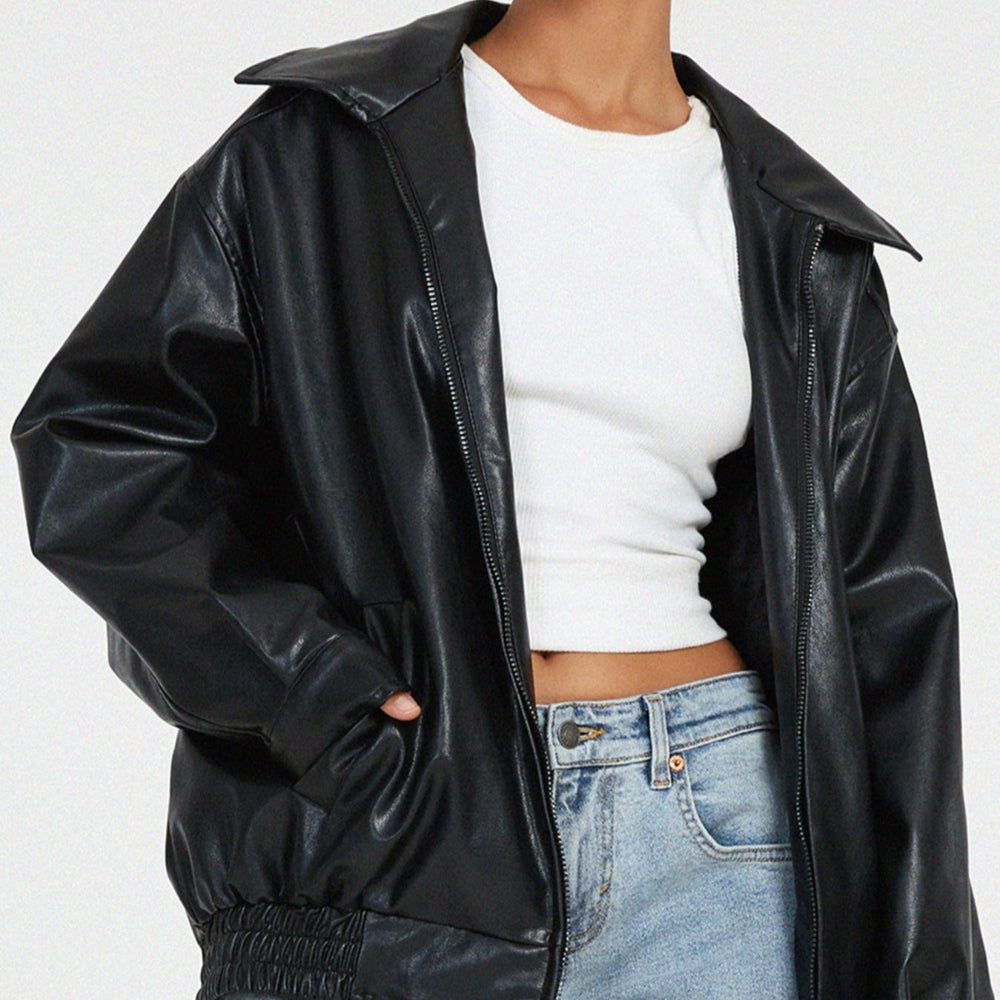 Women's Oversized Streetwear Faux Leather Jacket Zip Up Collared