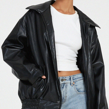 Women's Oversized Streetwear Faux Leather Jacket Zip Up Collared