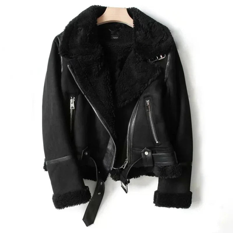 Women’s Faux Fur Bomber Leather Jacket | Oversized Warm