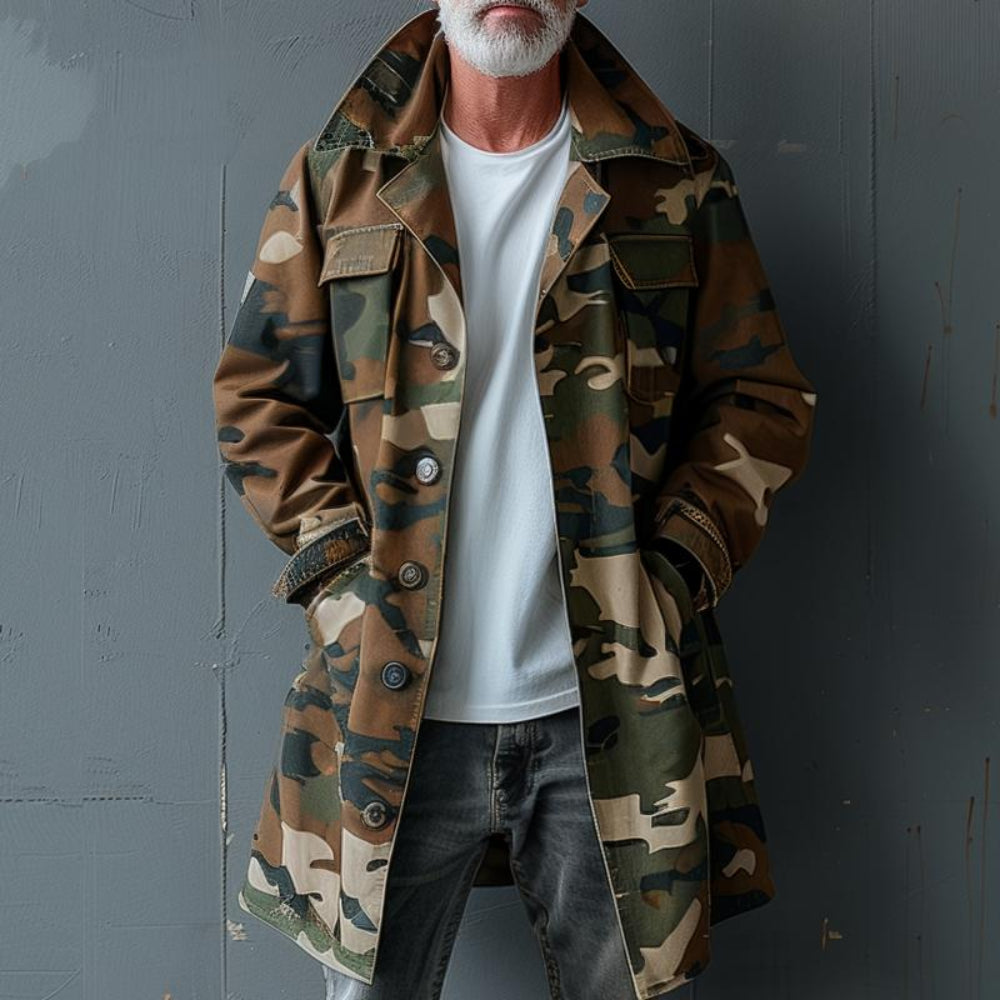 Men's Camouflage Lapel Breast Pocket Single Breasted Mid-length Cargo Trench Coat 74550095Z - Image 2