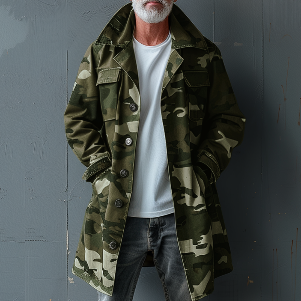 Men's Camouflage Lapel Breast Pocket Single Breasted Mid-length Cargo Trench Coat 74550095Z - Image 3