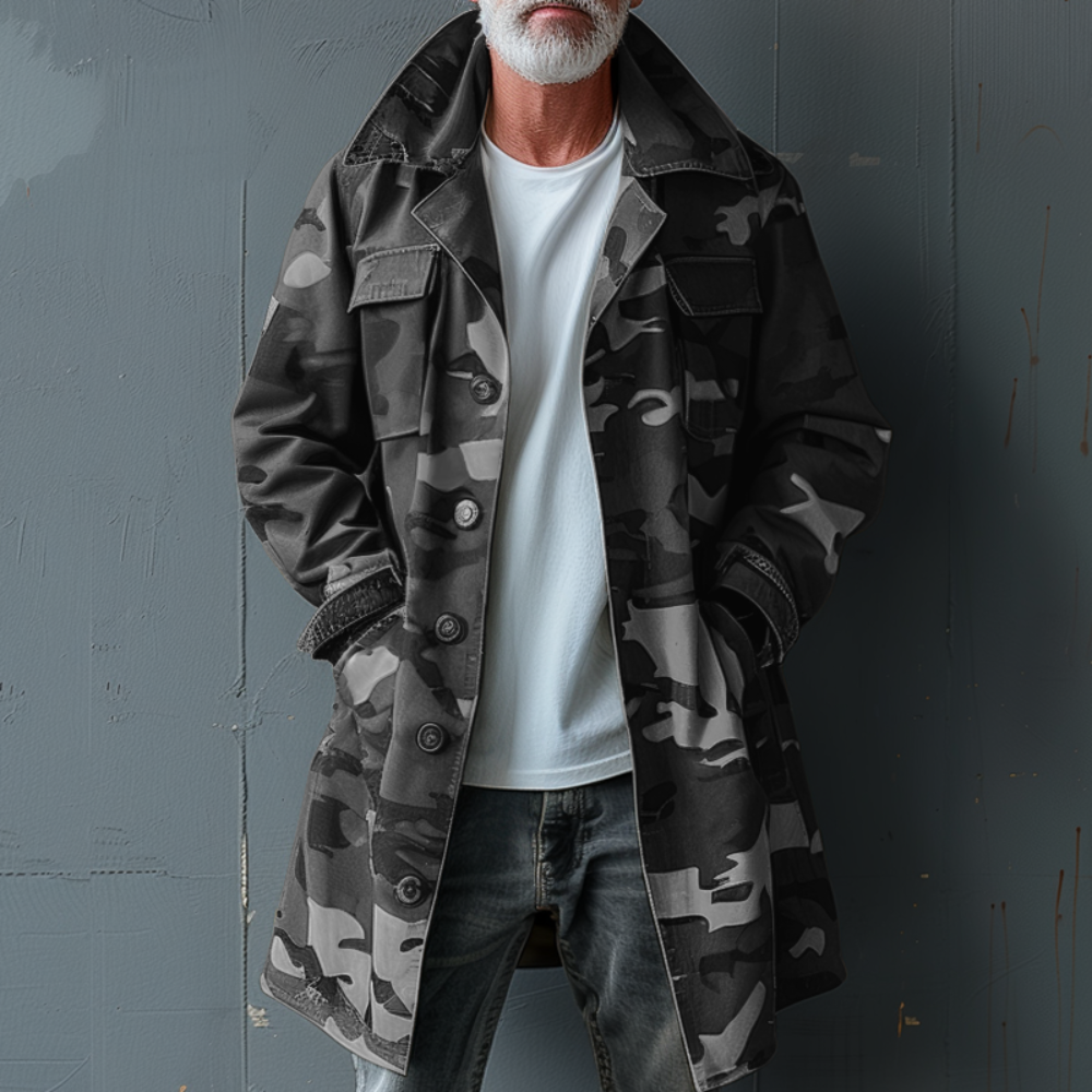 Men's Camouflage Lapel Breast Pocket Single Breasted Mid-length Cargo Trench Coat 74550095Z - Image 4